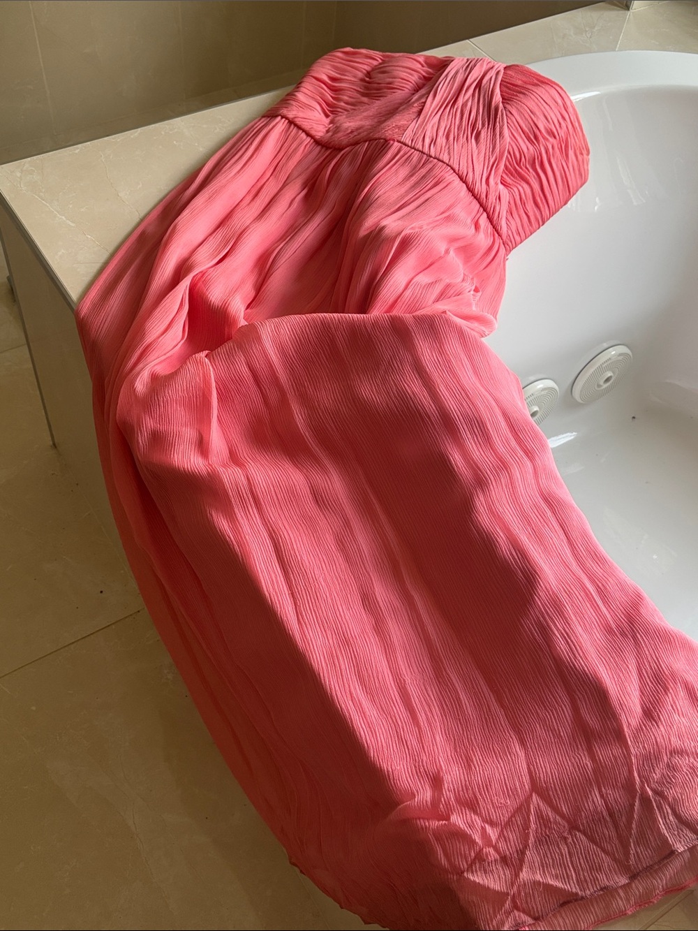 Donna Morgan Strapless Coral-Pink Pleated Maxi Dress